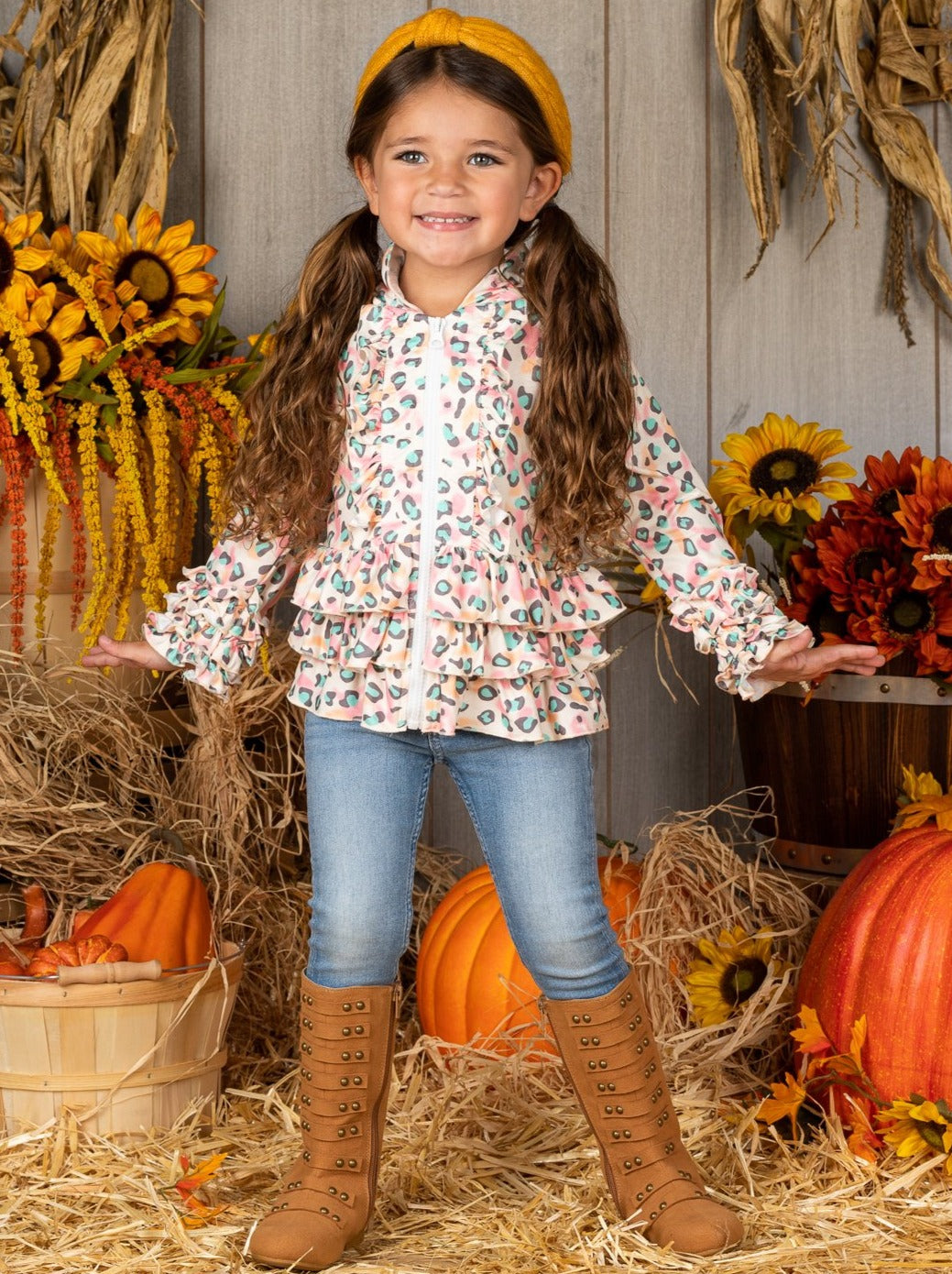 Girls Sweaters | Pastel Leopard Ruffle Hooded Jacket | Mia Belle Girls