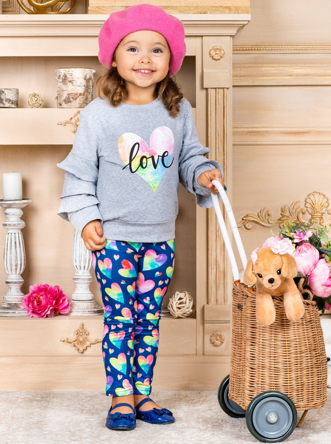 Girls Valentine's Clothes | Rainbow Love Ruffle Top & Legging Set