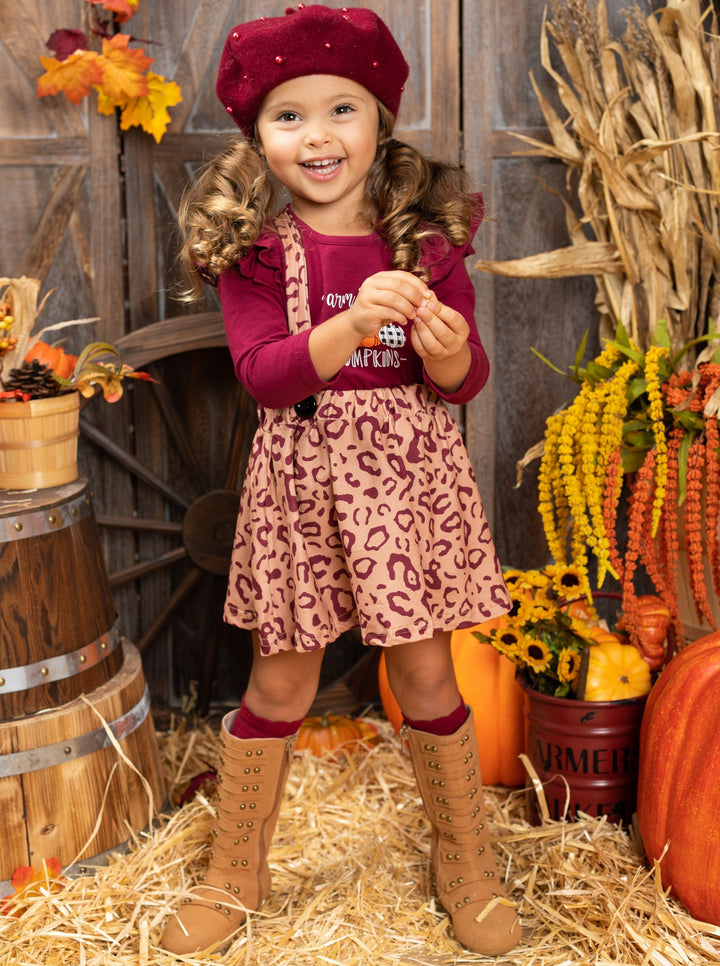 Little girls Fall long-sleeved "Farm Fresh Pumpkins" graphic top with ruffle shoulder accents and leopard print pinafore skirt - Mia Belle Girls