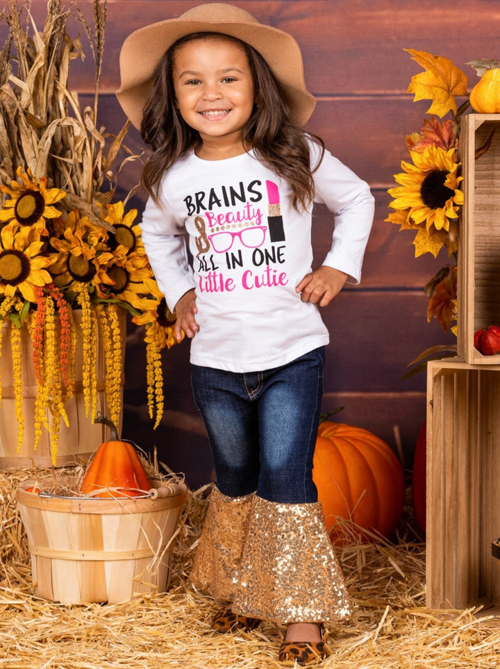 Cute Outfits For Girls | Brains & Beauty Sequin Bell Bottom Jean Set