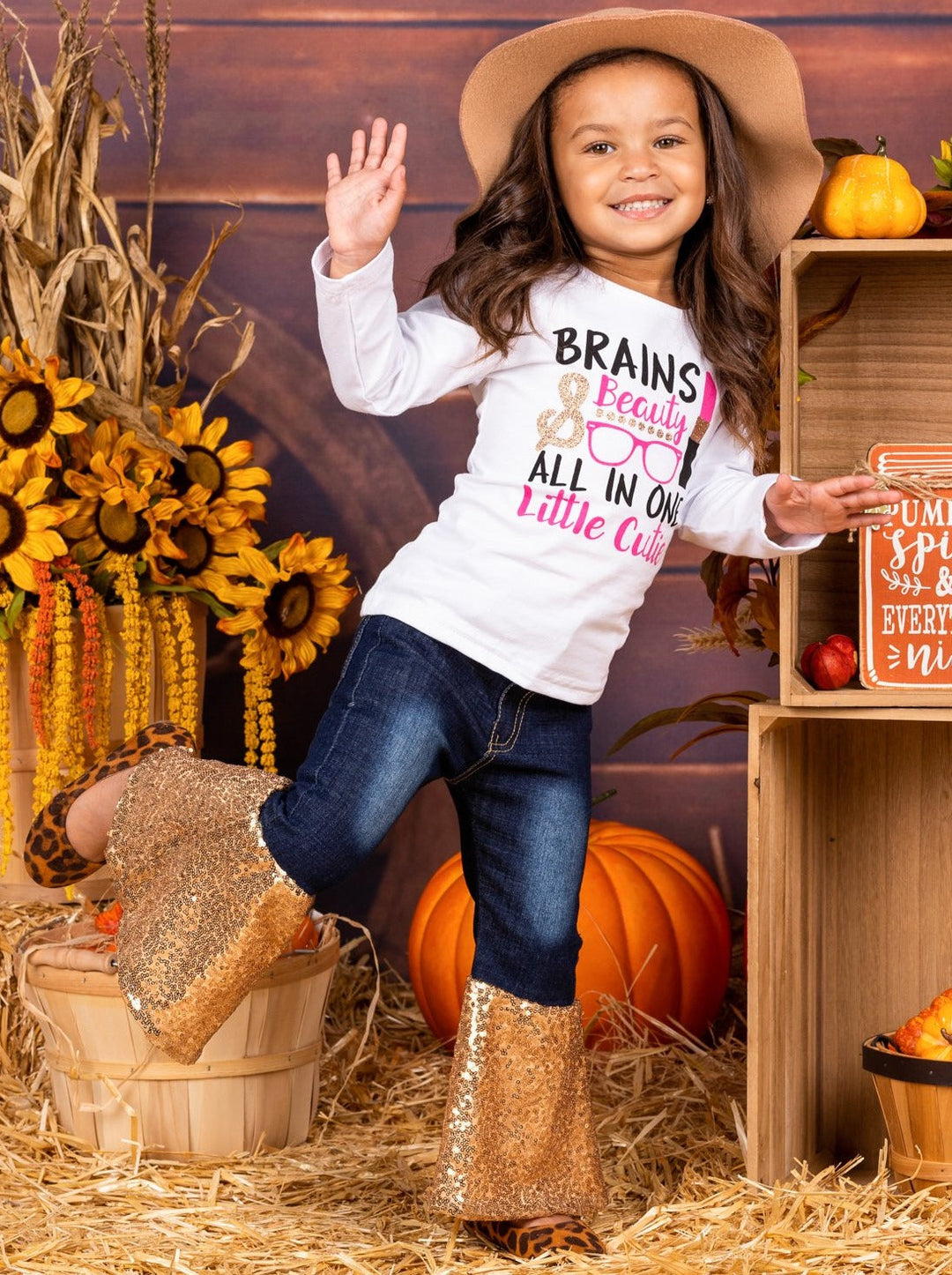 Cute Outfits For Girls | Brains & Beauty Sequin Bell Bottom Jean Set