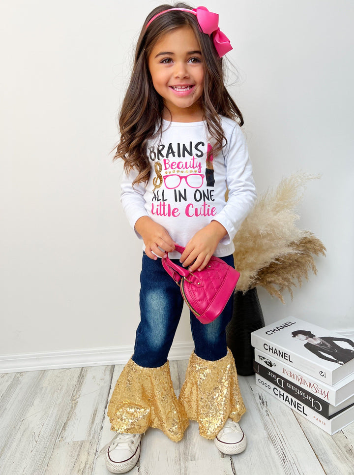 Cute Outfits For Girls | Brains & Beauty Sequin Bell Bottom Jean Set