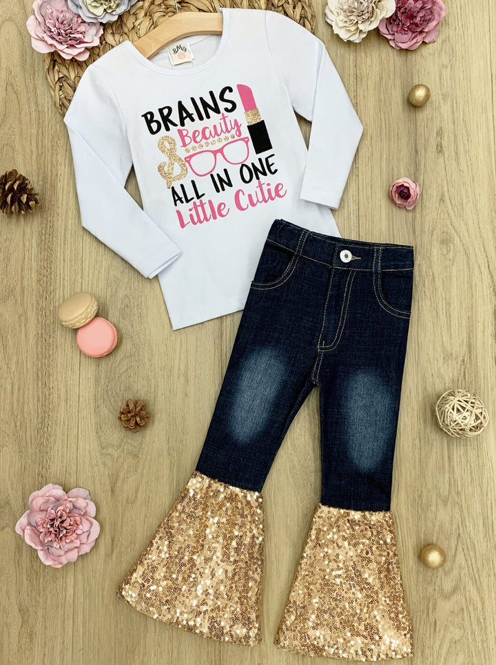 Cute Outfits For Girls | Brains & Beauty Sequin Bell Bottom Jean Set