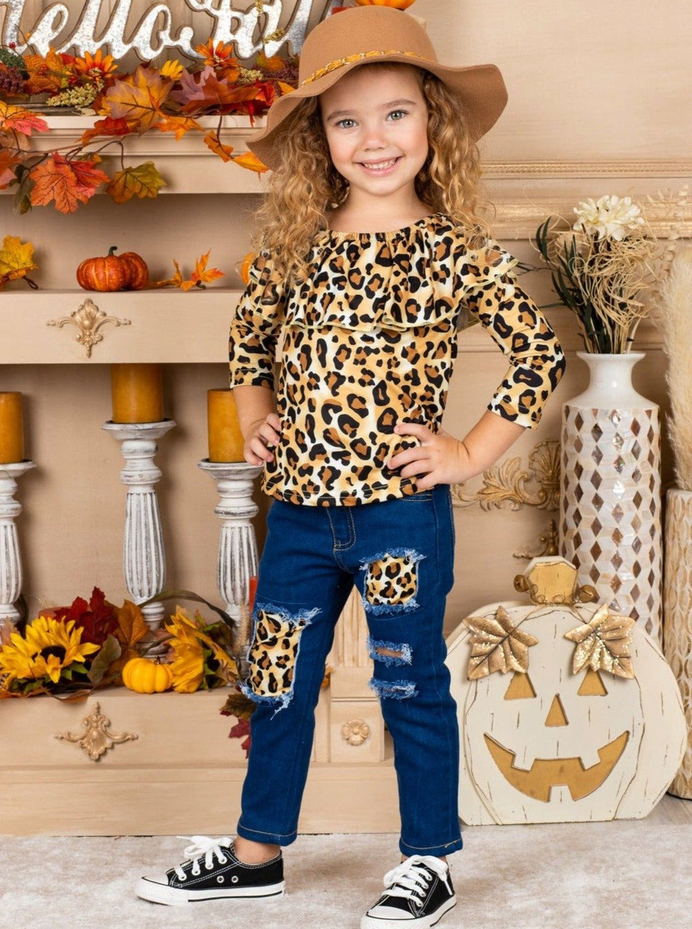Girls Leopard Ruffled Bib Top and Patched Jeans Set