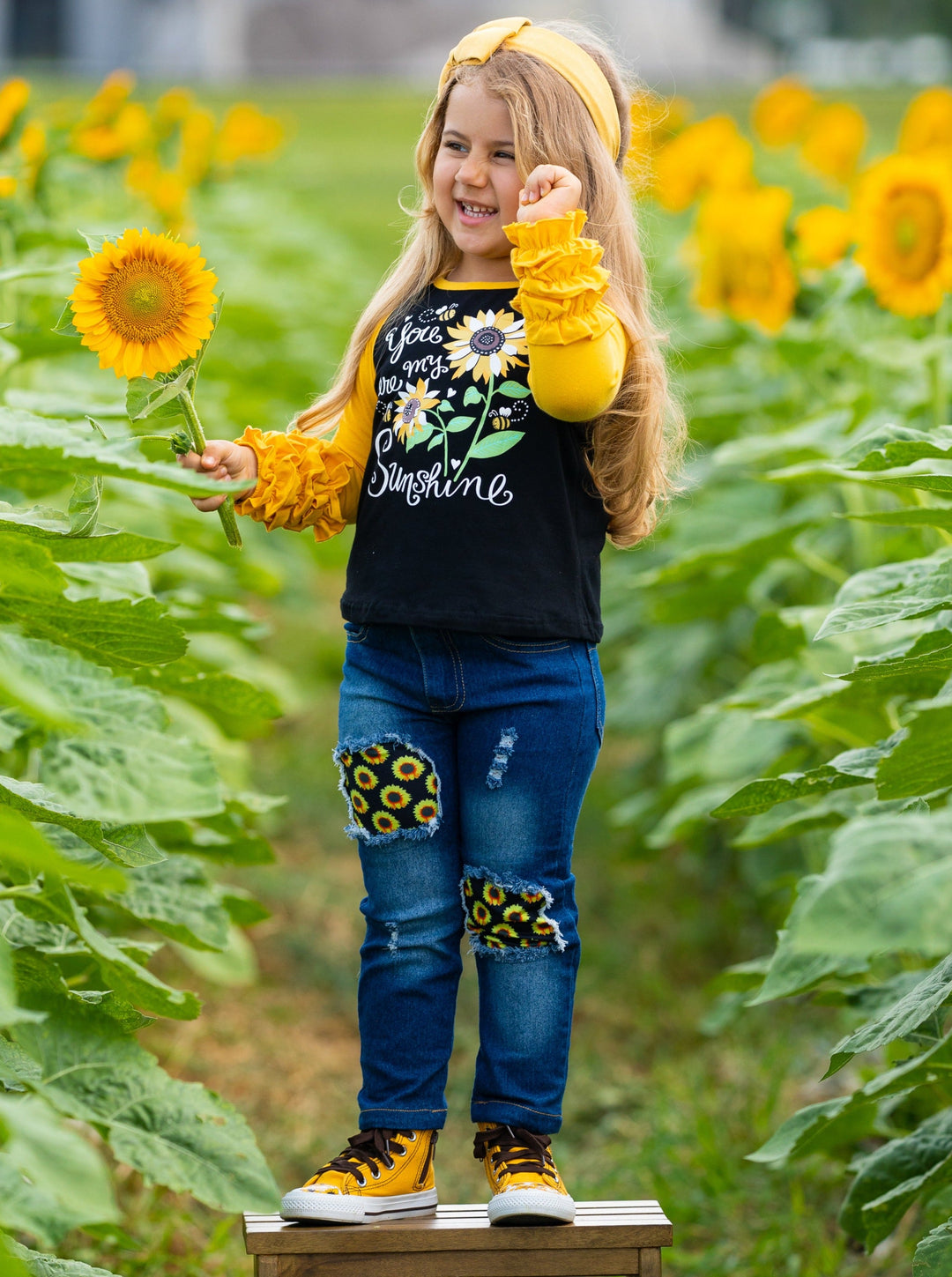 Girls Fall Outfits | Raglan Top & Patched Jeans Set - Mia Belle Girls