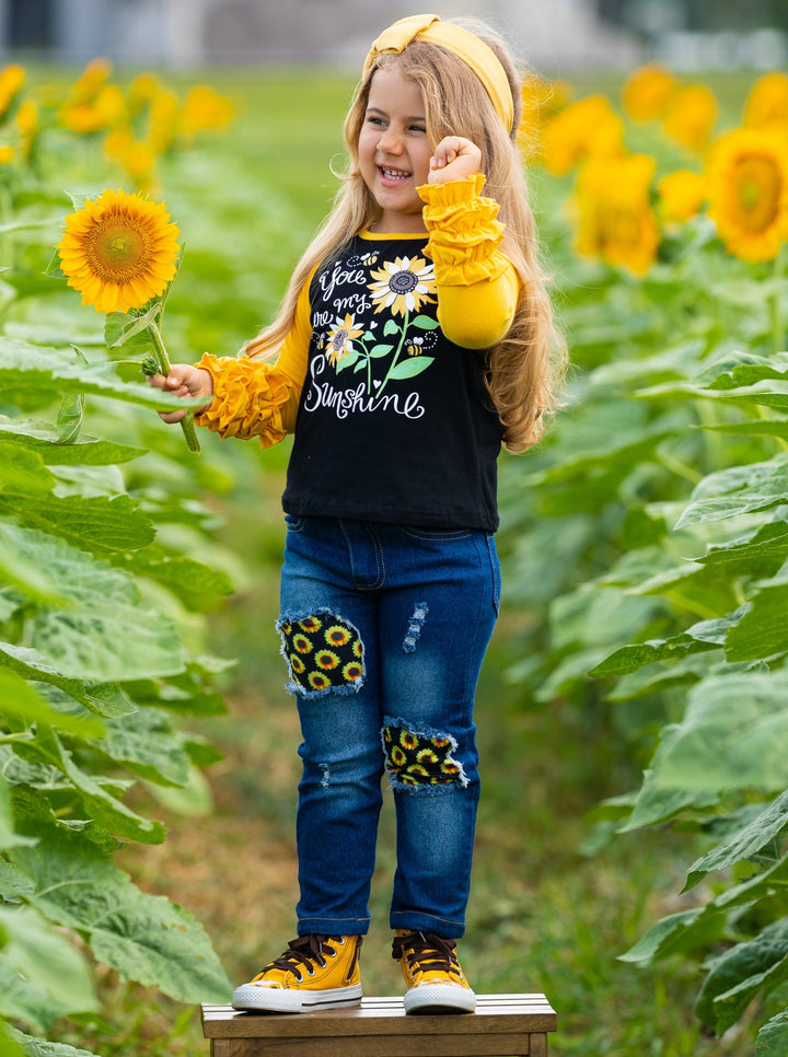 Girls Fall Outfits | Raglan Top & Patched Jeans Set - Mia Belle Girls
