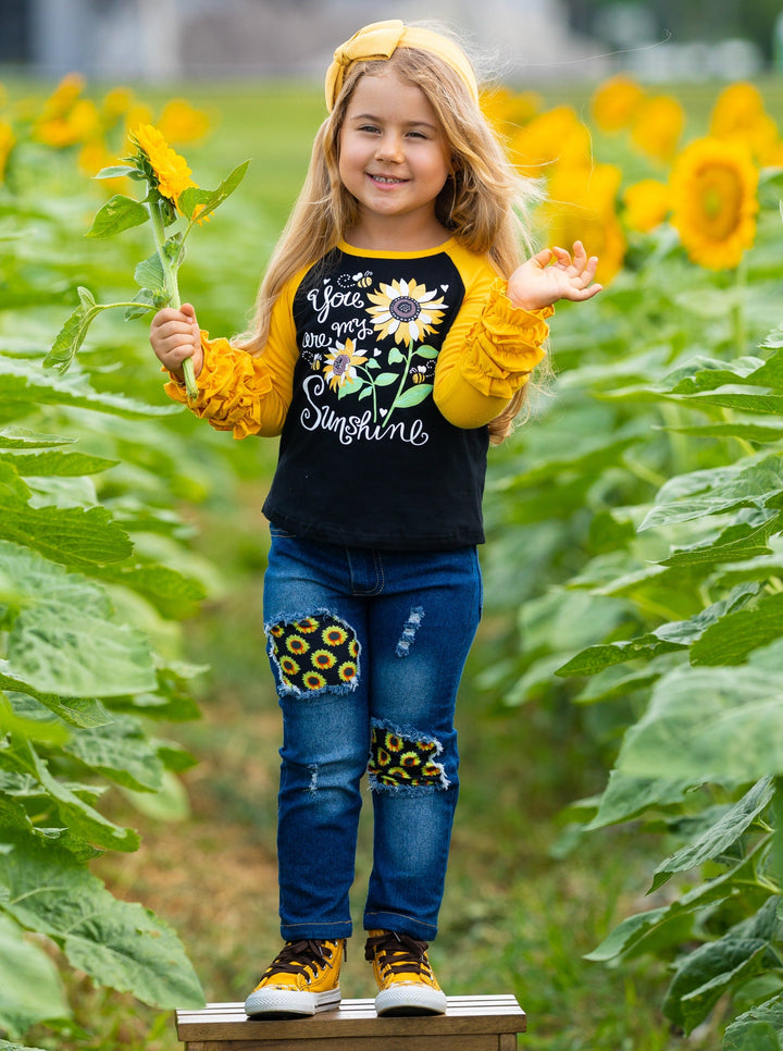 Girls Fall Outfits | Raglan Top & Patched Jeans Set - Mia Belle Girls
