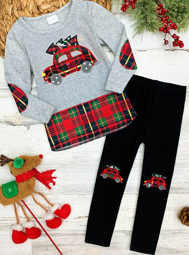 Winter Casual Set | Girls Plaid Truck Top & Patched Leggings Set