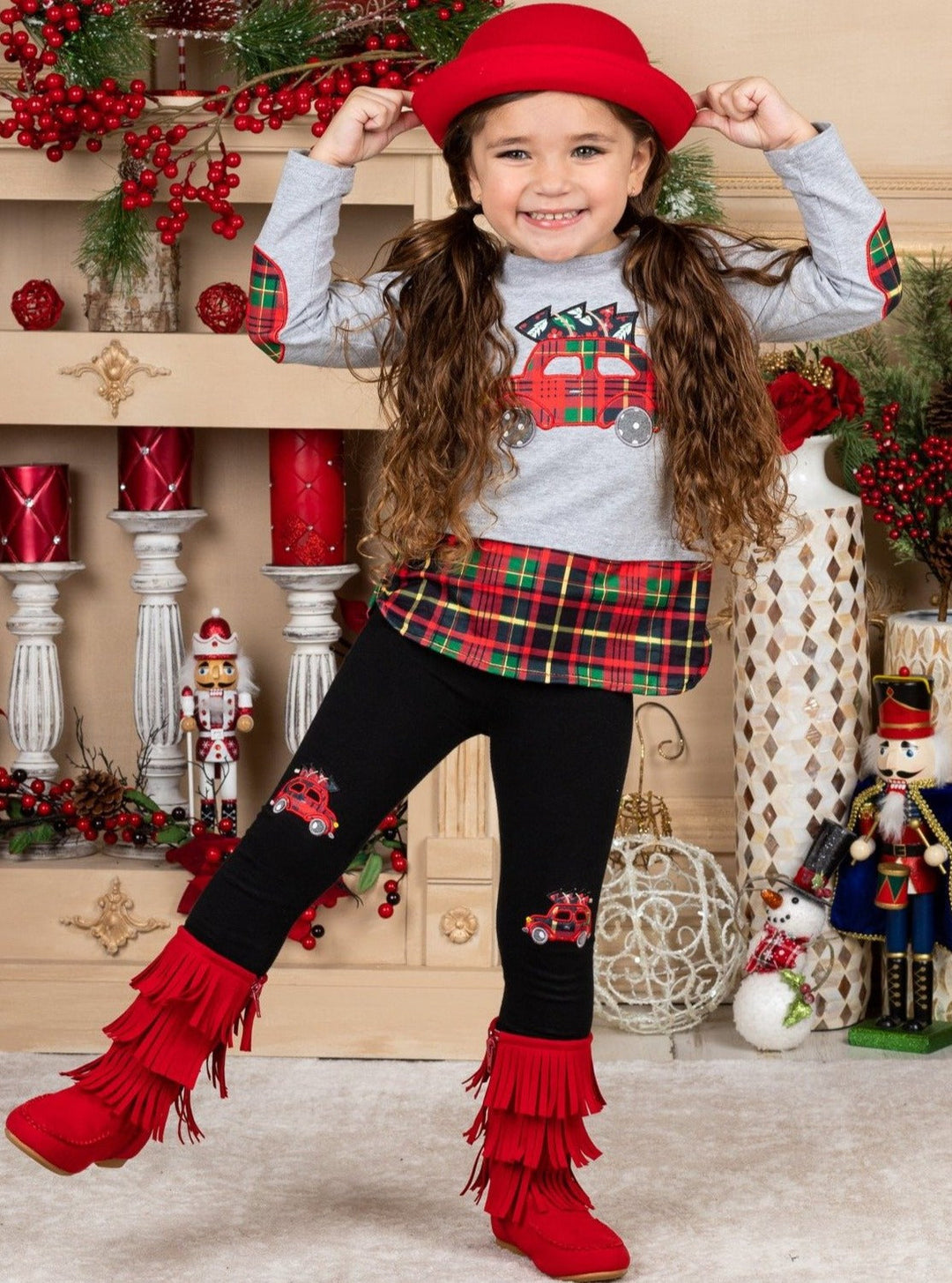 Winter Casual Set | Girls Plaid Truck Top & Patched Leggings Set