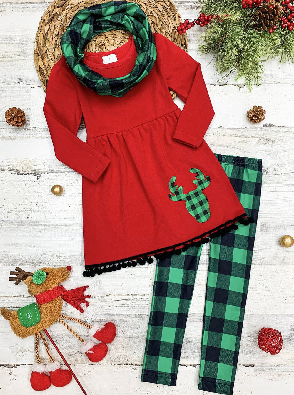 Girls Long Sleeve Reindeer Tunic, Plaid Leggings & Scarf Set