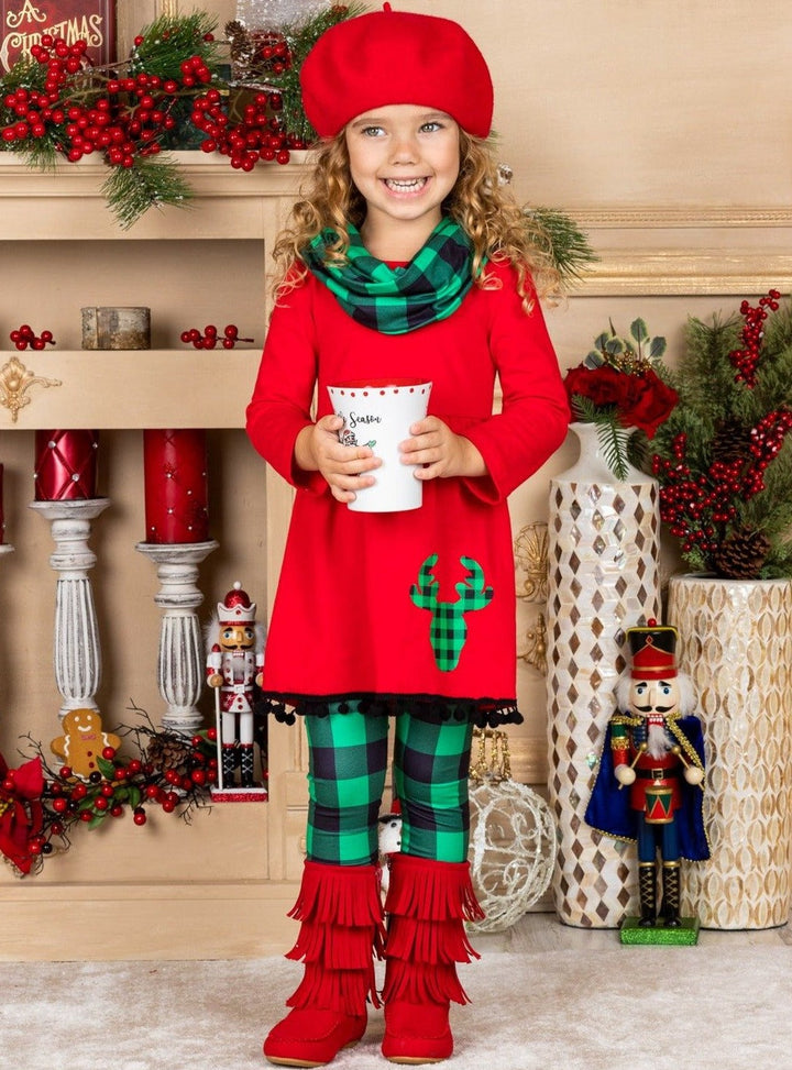 Girls Long Sleeve Reindeer Tunic, Plaid Leggings & Scarf Set