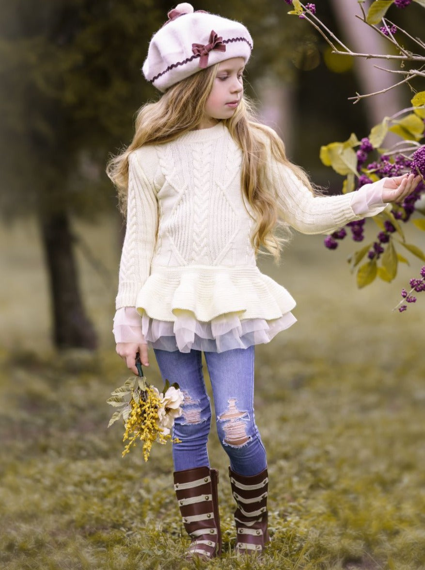 Cute Girls Sweaters | Cable Knit Peplum Tutu Sweater - Mia Belle Girls