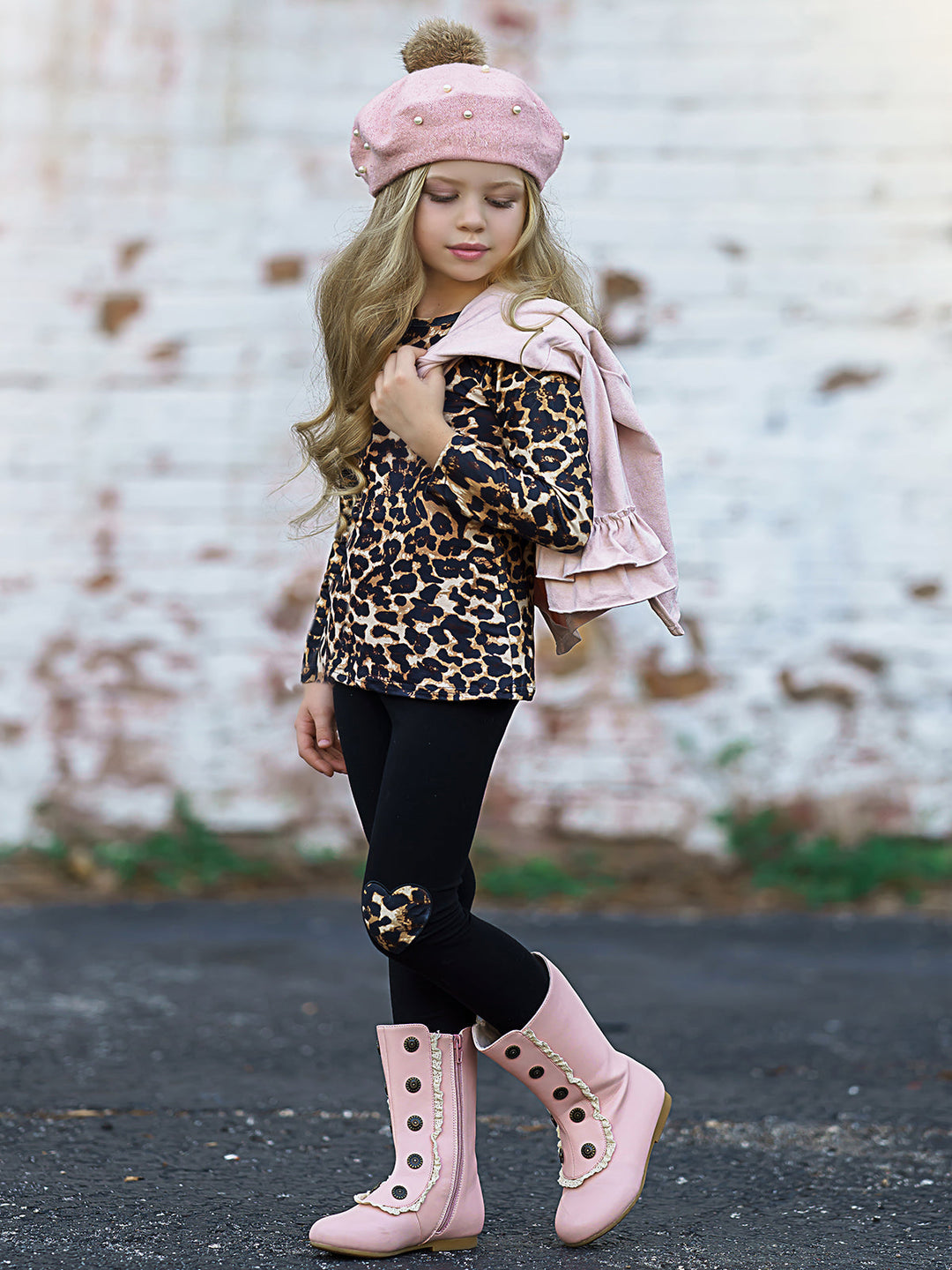 Little Girls Fall Leopard Top, Leggings & Jacket Set - Mia Belle Girls