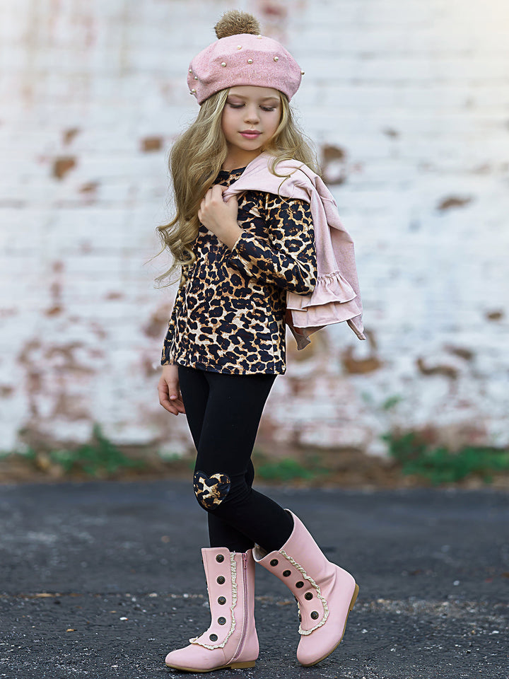 Little Girls Fall Leopard Top, Leggings & Jacket Set - Mia Belle Girls