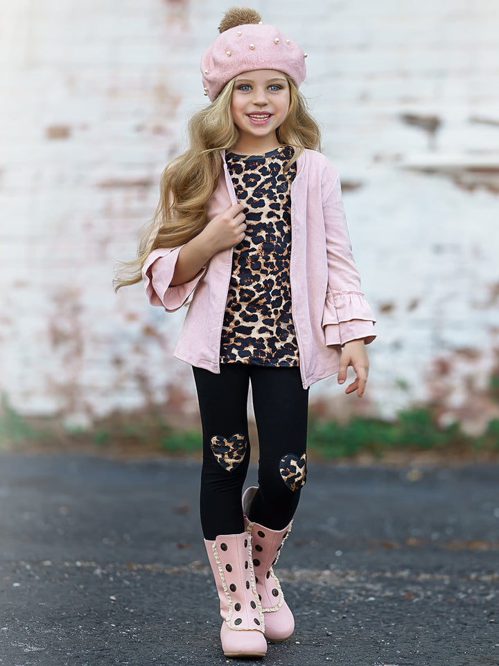 Little Girls Fall Leopard Top, Leggings & Jacket Set - Mia Belle Girls