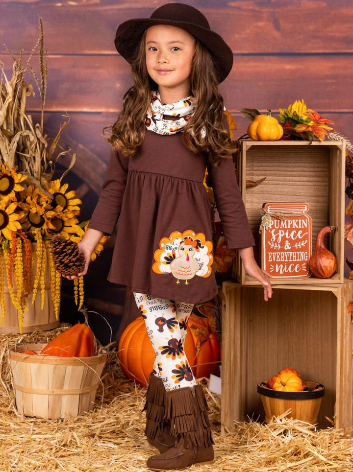 Girls Turkey Applique Floral and "Gobble Till You Wobble" Long Sleeve Tunic, Leggings and Scarf Set
