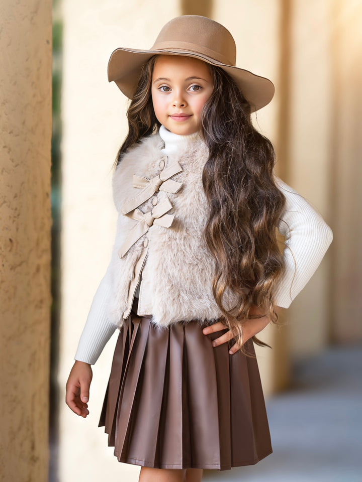 Taupe Faux Fur Bow Vest and Brown Pleated Skirt Set