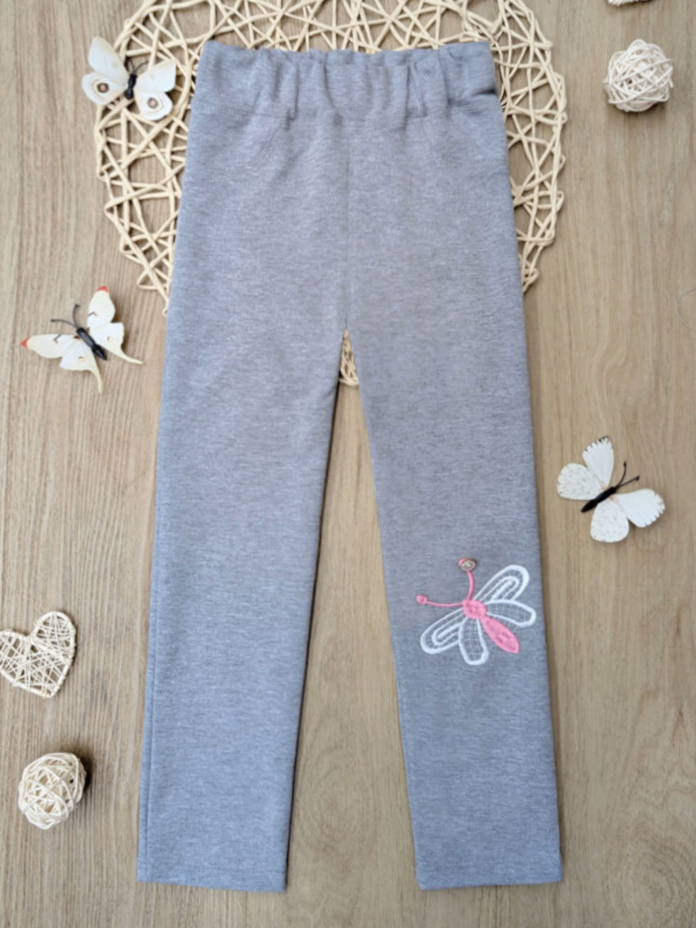 Butterfly Wings Artisan-Stitched Grey Cotton Leggings