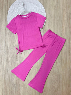 Everyday Stretch Pink Side-Ruched Tee & Flare Pant Set