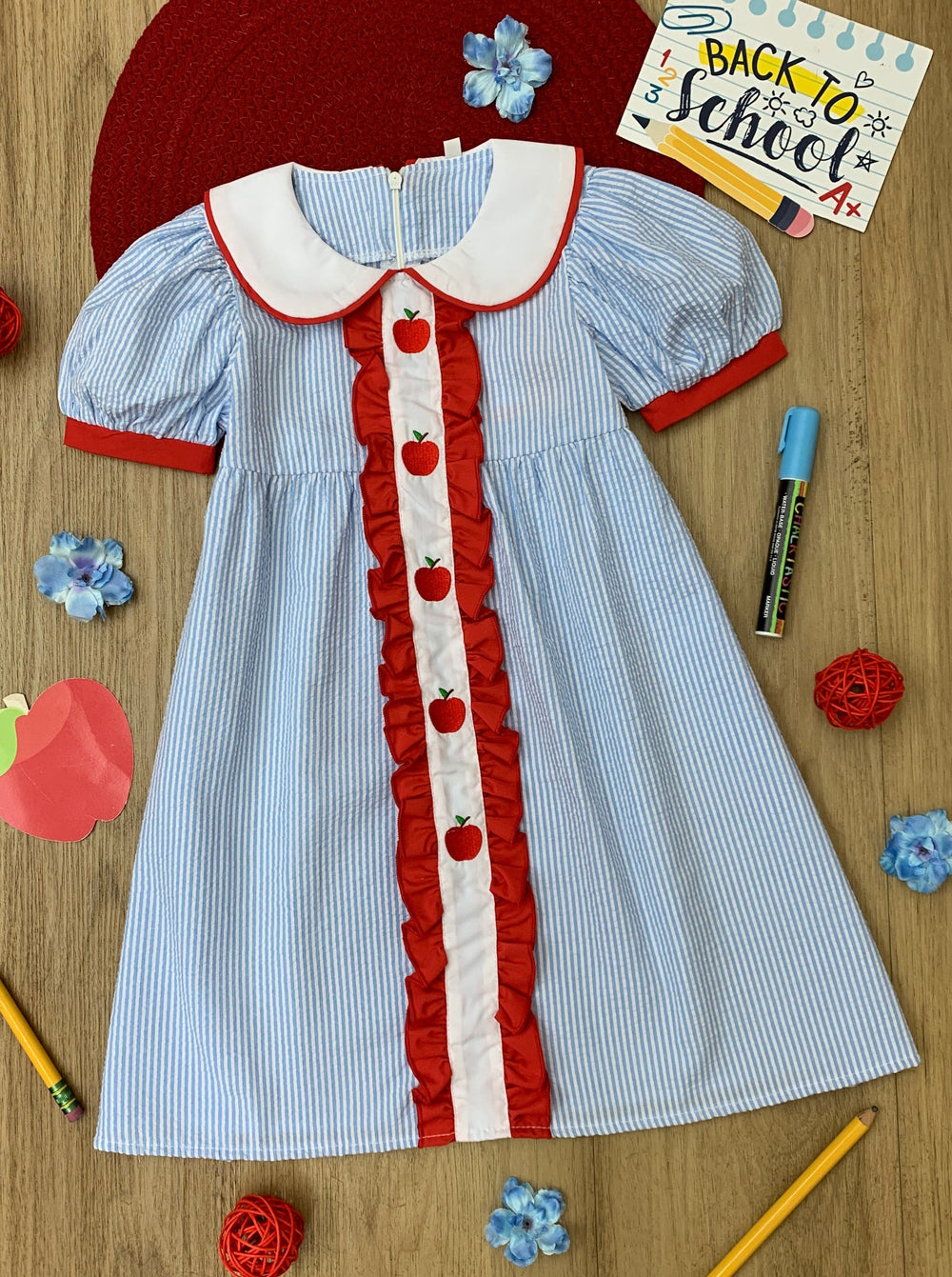 Mia Belle Girls Ruffled Apple Striped Dress | Back To School Dresses