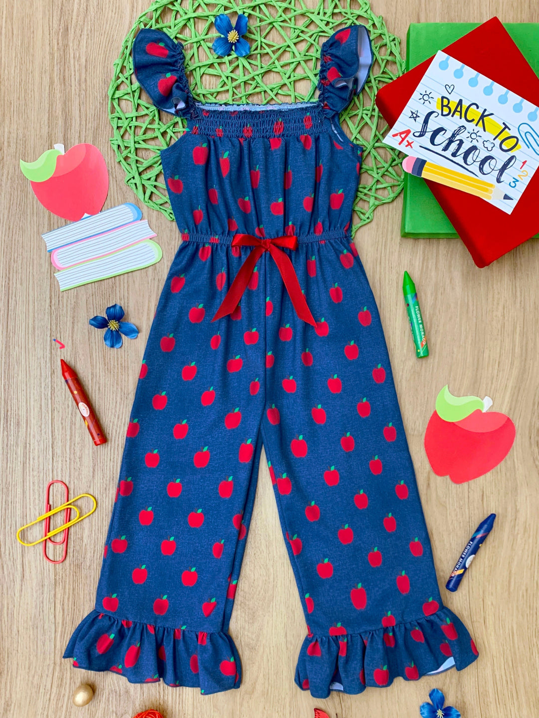 1st Day of School Clothes | Apple Ruffle Jumpsuit | Mia Belle Girls
