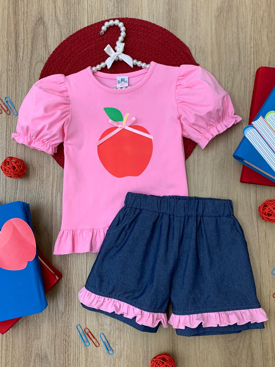 Cutest in Class Apple Top & Ruffle Denim Short Set