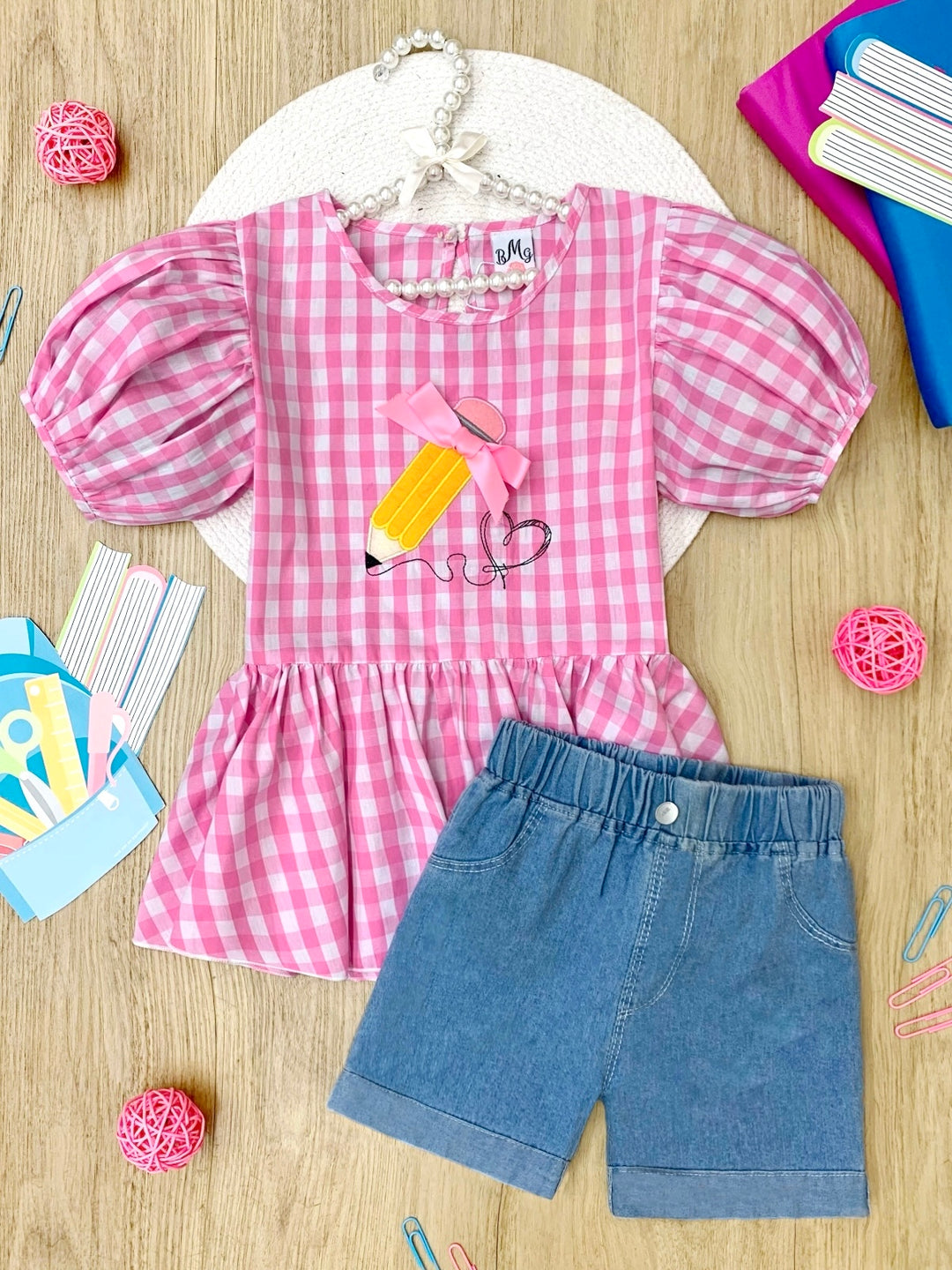 Write On Trend Pink Gingham Pencil Top & Denim Short Set