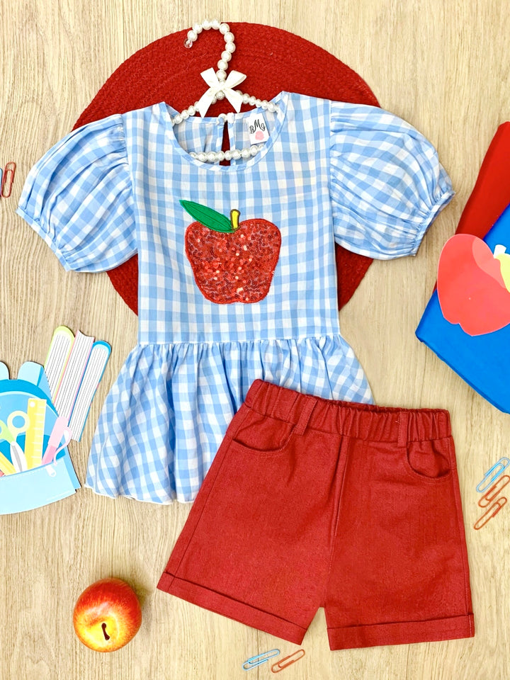 Sequin Apple Puff Sleeve Top & Red Short Set