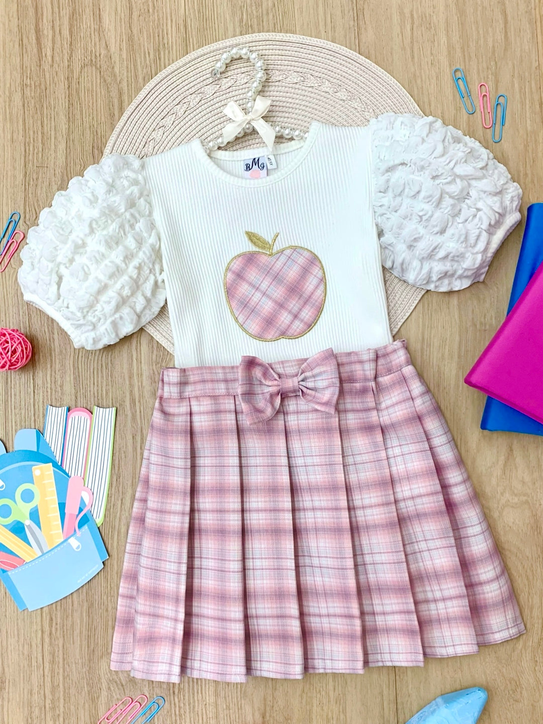 Smarty Apple Puff Sleeve Top & Pleated Plaid Skirt Set