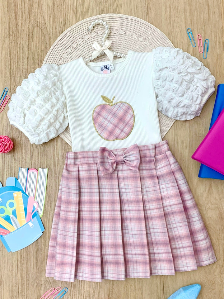 Smarty Apple Puff Sleeve Top & Pleated Plaid Skirt Set