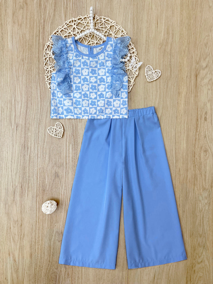 Blue Bloom Lace Flutter Top & Wide Leg Pant Set