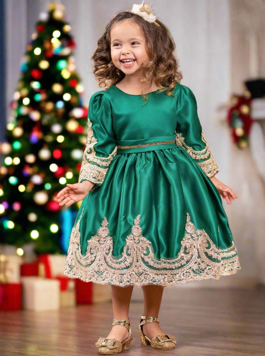 Girls Winter Formal Dress | Satin with Gold Embroidery Holiday Dress