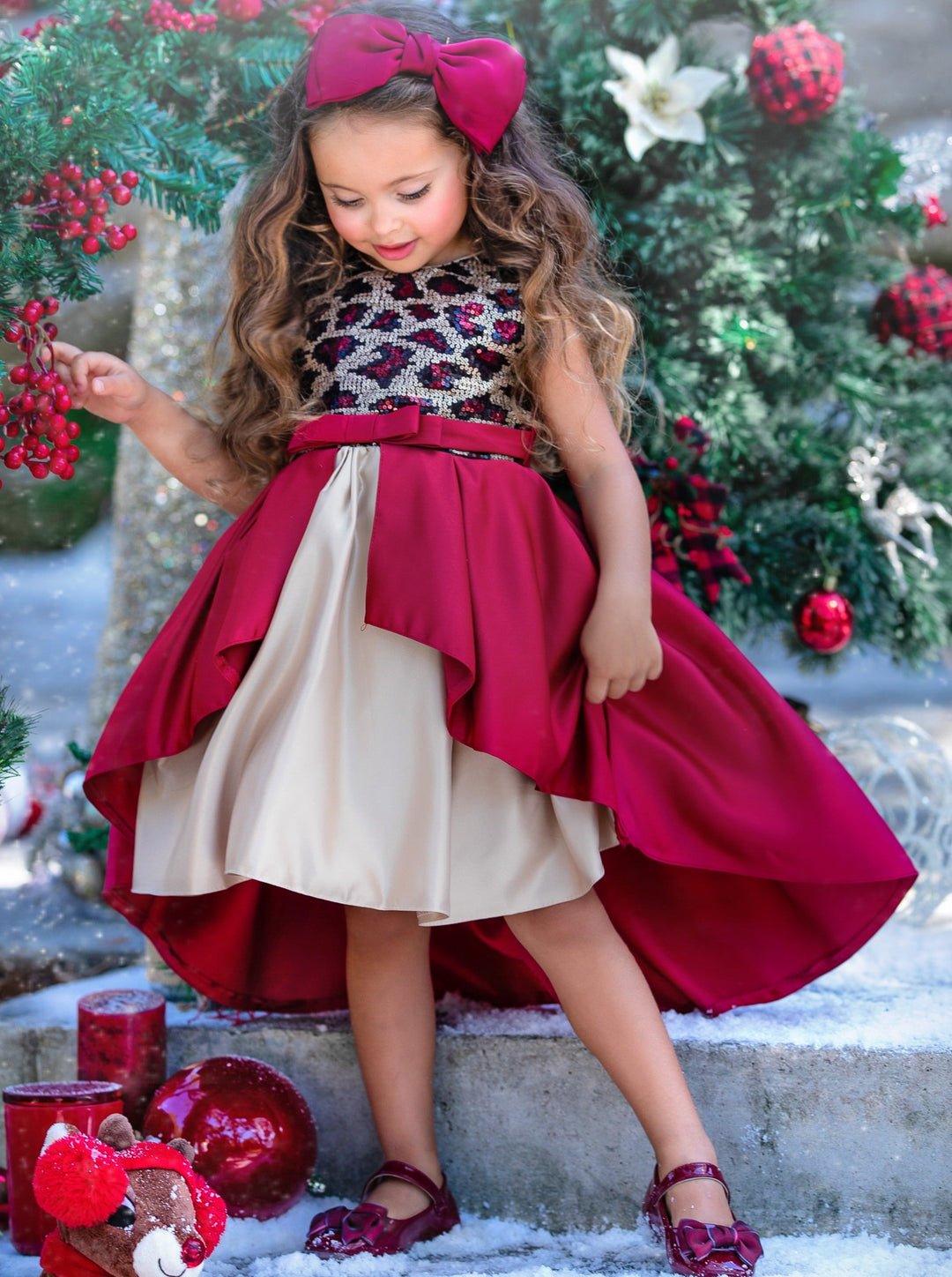 Girls Winter Formal Dress | Red And Gold Leopard Sequin Holiday Dress