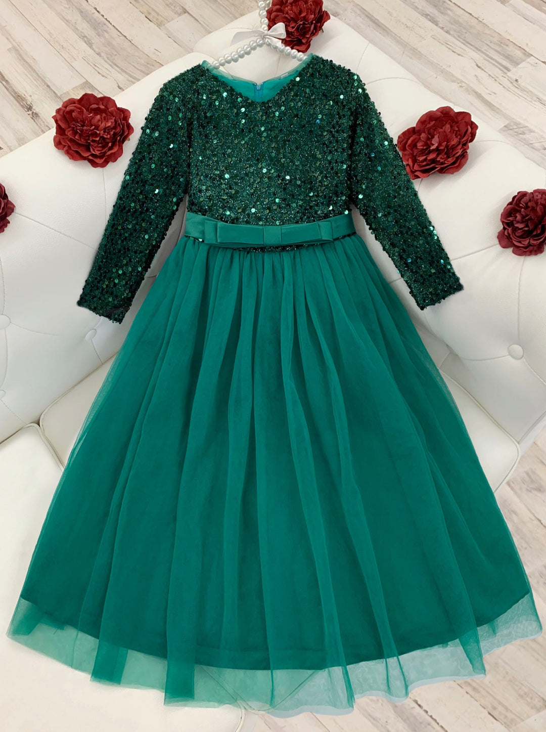 Girls Holiday Dresses | Sparkly Sequin Tinsel Green Maxi Dress