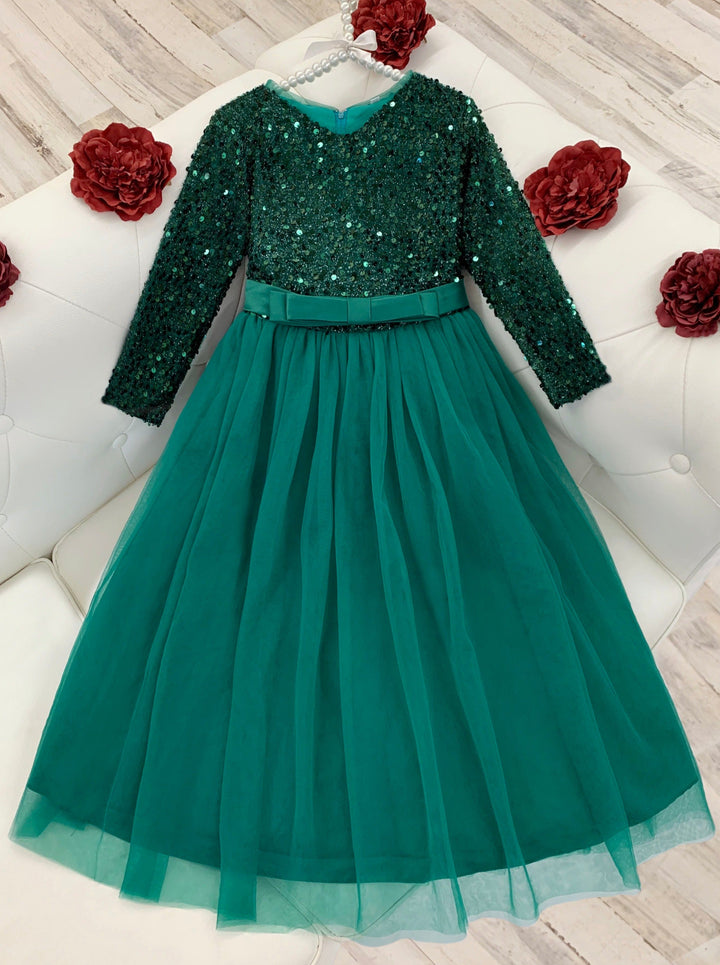 Girls Holiday Dresses | Sparkly Sequin Tinsel Green Maxi Dress