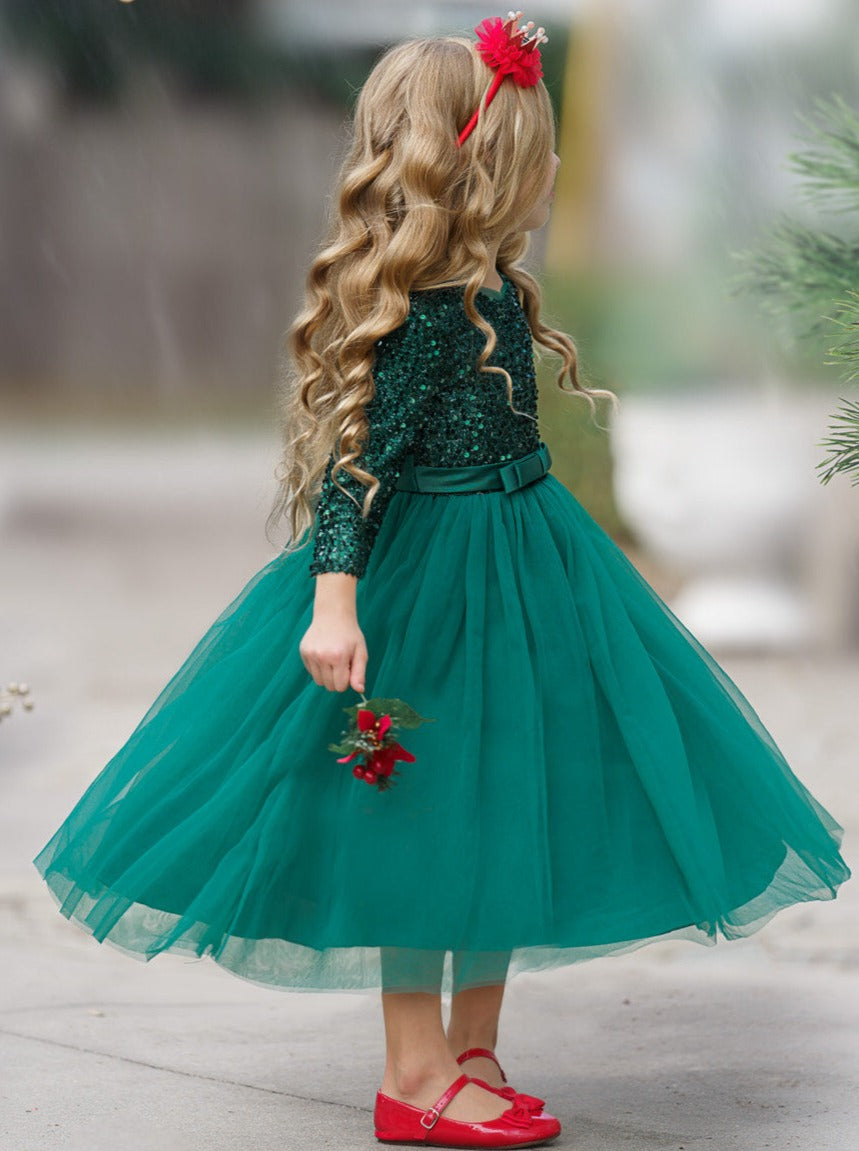 Girls Holiday Dresses | Sparkly Sequin Tinsel Green Maxi Dress