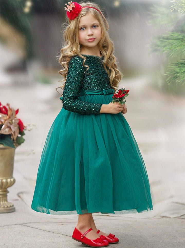 Girls Holiday Dresses | Sparkly Sequin Tinsel Green Maxi Dress