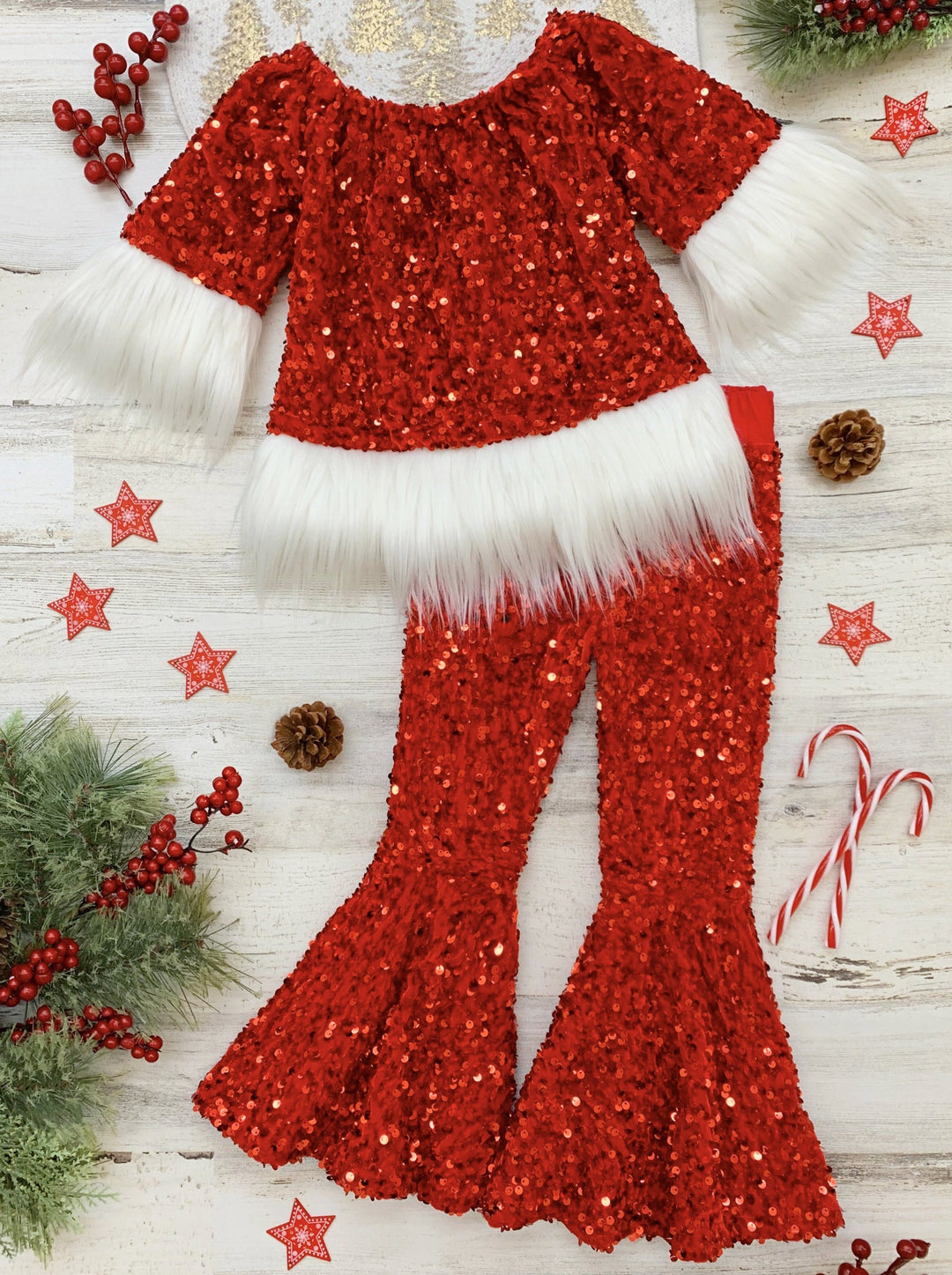 Toddler Christmas Sets | Girls Sequin Santa Faux Fur Bell Bottoms Set