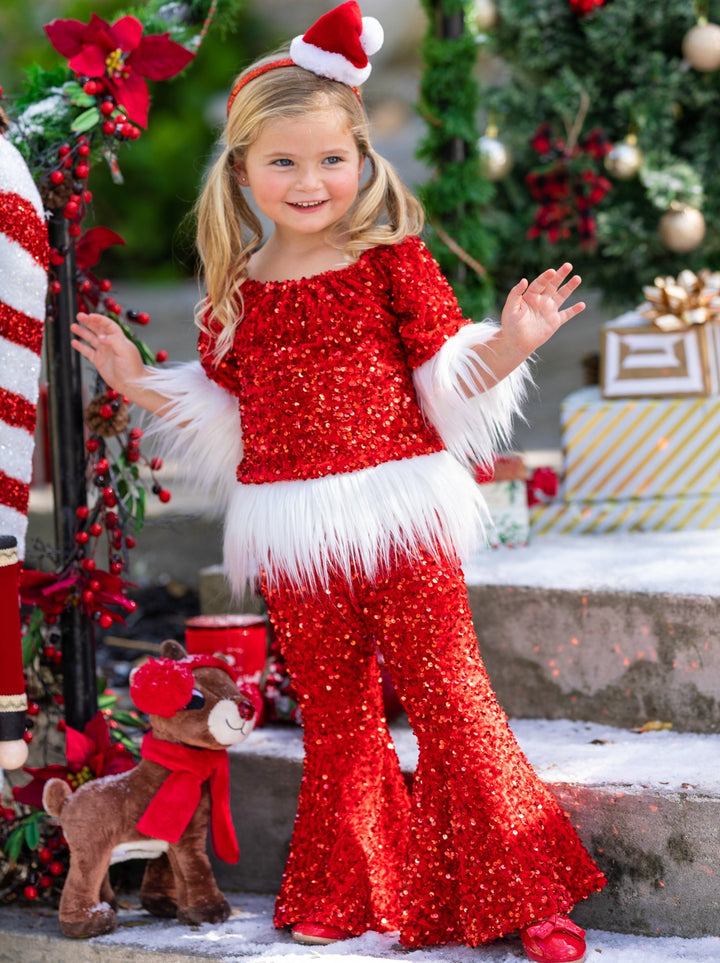 Toddler Christmas Sets | Girls Sequin Santa Faux Fur Bell Bottoms Set