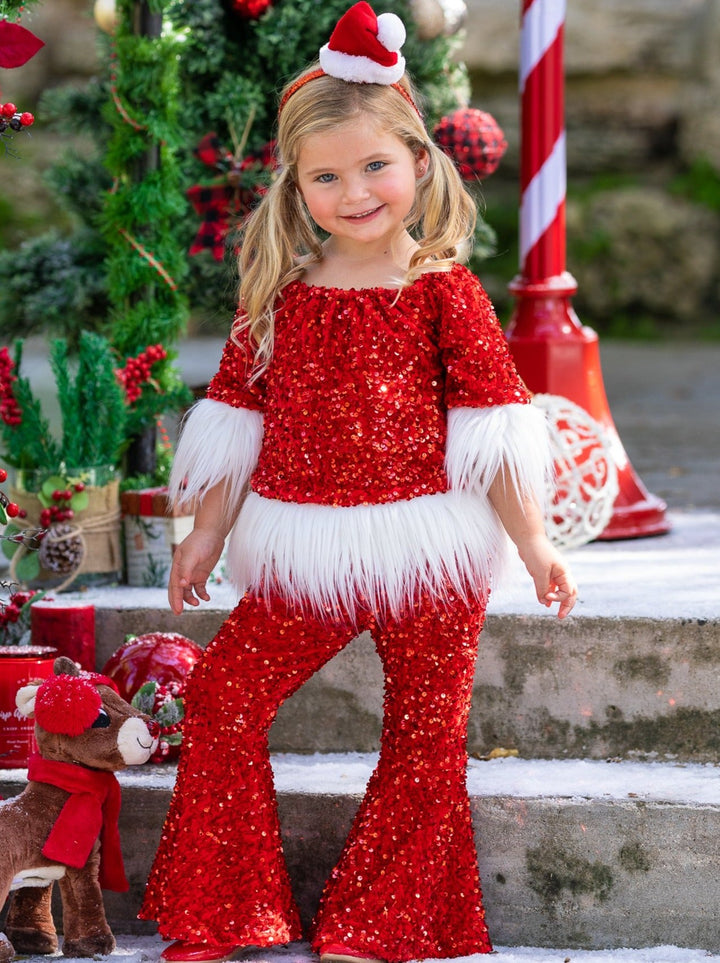 Toddler Christmas Sets | Girls Sequin Santa Faux Fur Bell Bottoms Set