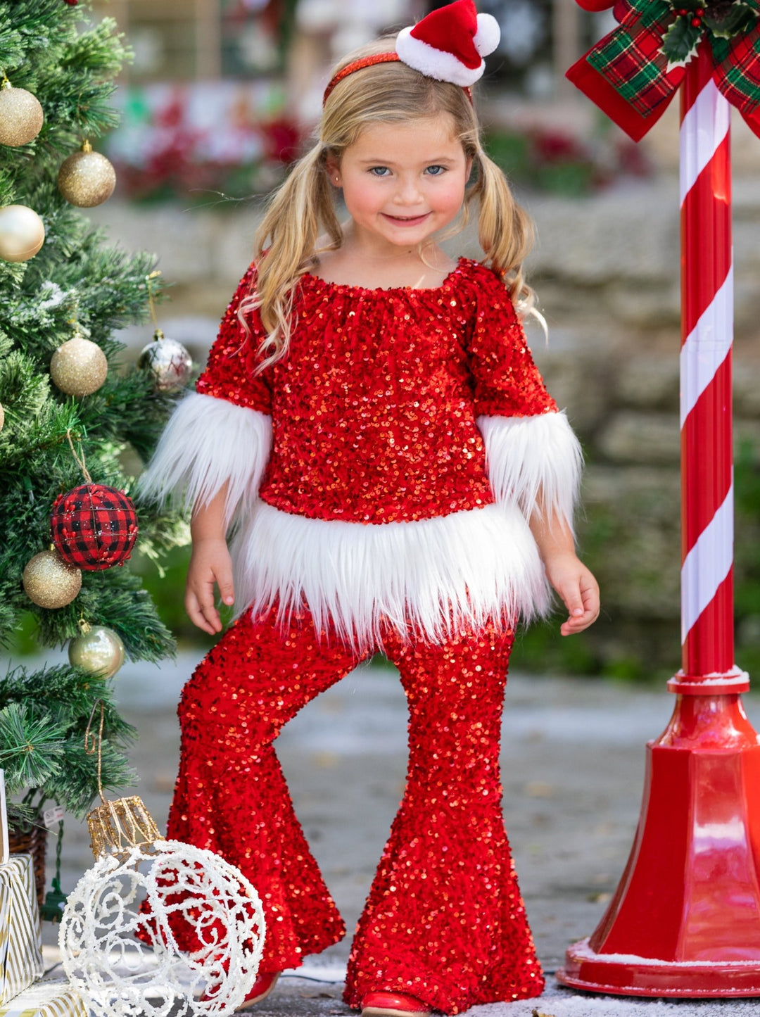 Toddler Christmas Sets | Girls Sequin Santa Faux Fur Bell Bottoms Set