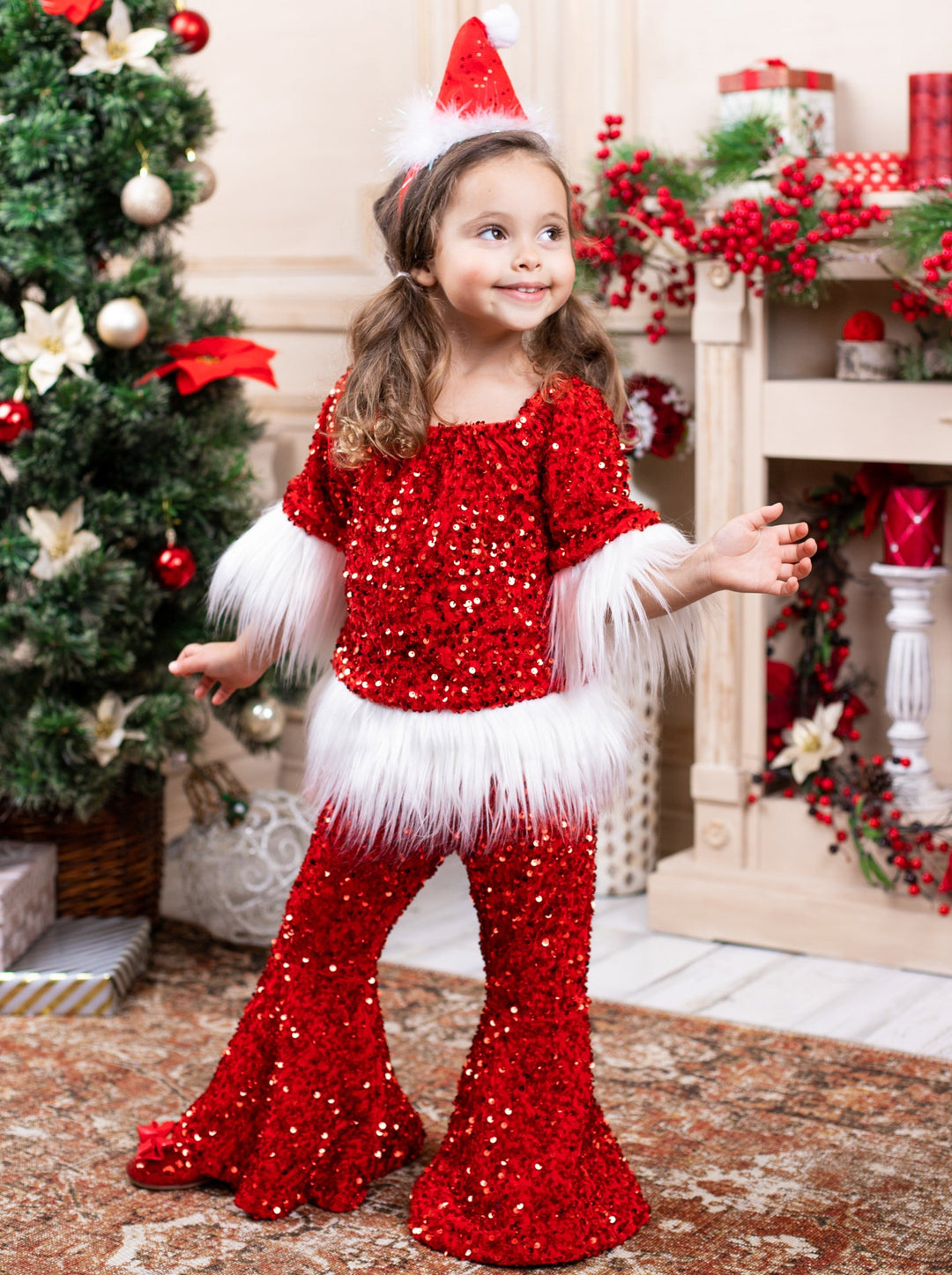 Toddler Christmas Sets | Girls Sequin Santa Faux Fur Bell Bottoms Set