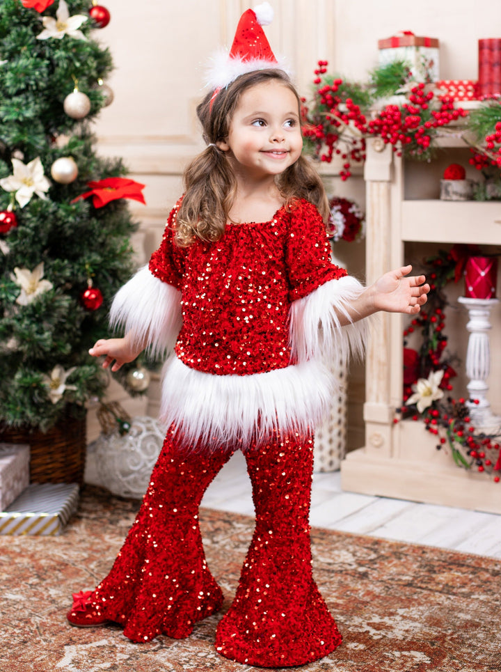 Toddler Christmas Sets | Girls Sequin Santa Faux Fur Bell Bottoms Set