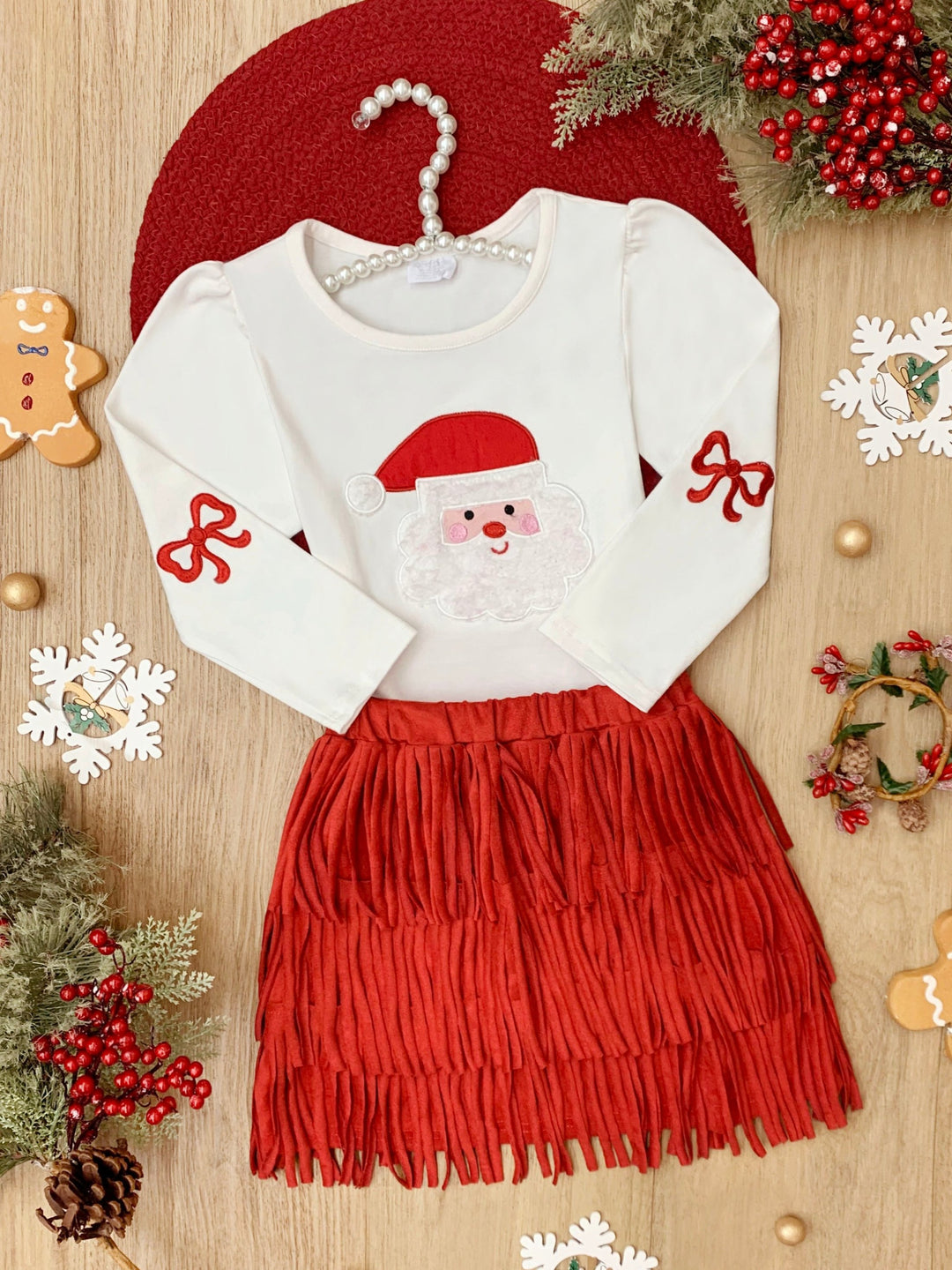 Fabulous Santa Long Sleeve Top and Red Fringe Skirt Set