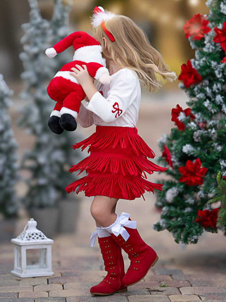 Fabulous Santa Long Sleeve Top and Red Fringe Skirt Set