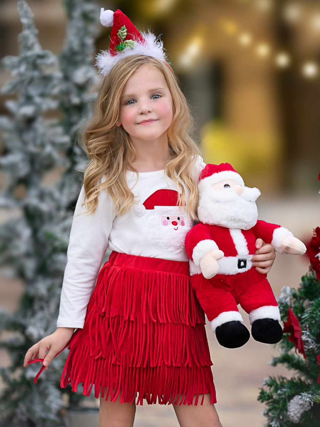 Fabulous Santa Long Sleeve Top and Red Fringe Skirt Set