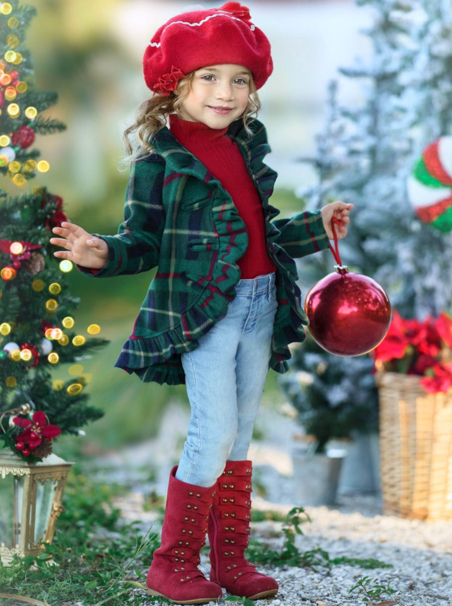 Winter Sweaters & Cardigans | Girls Plaid Blazer Ruffle Cardigan