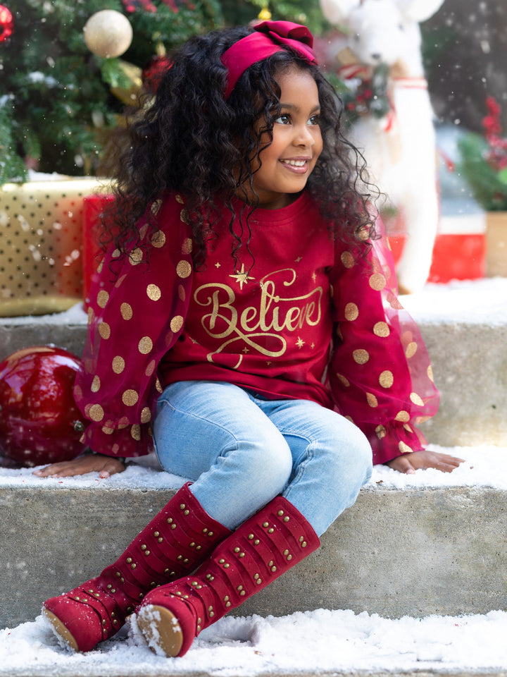 Mia Belle Girls Polka Dot Tulle Sleeve Top | Girls Holiday Outfits