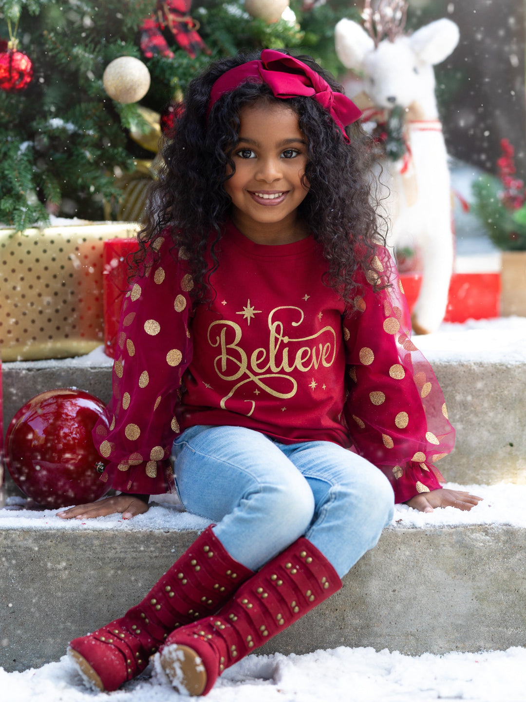 Mia Belle Girls Polka Dot Tulle Sleeve Top | Girls Holiday Outfits