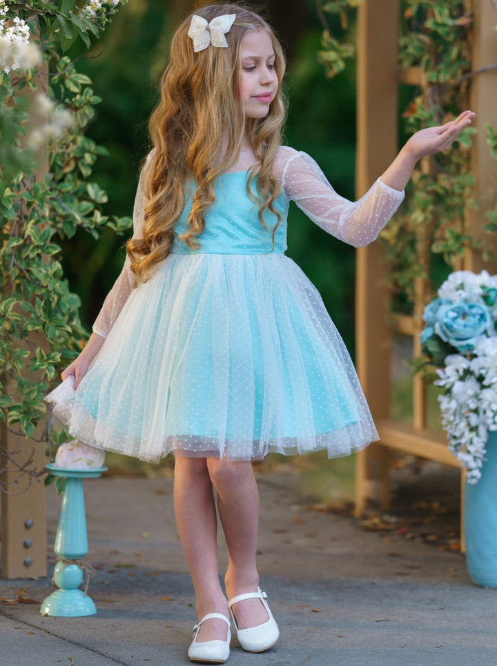 Kids Spring Clothes | Girls Sheer Sleeve Polka Dot Tulle Formal Dress